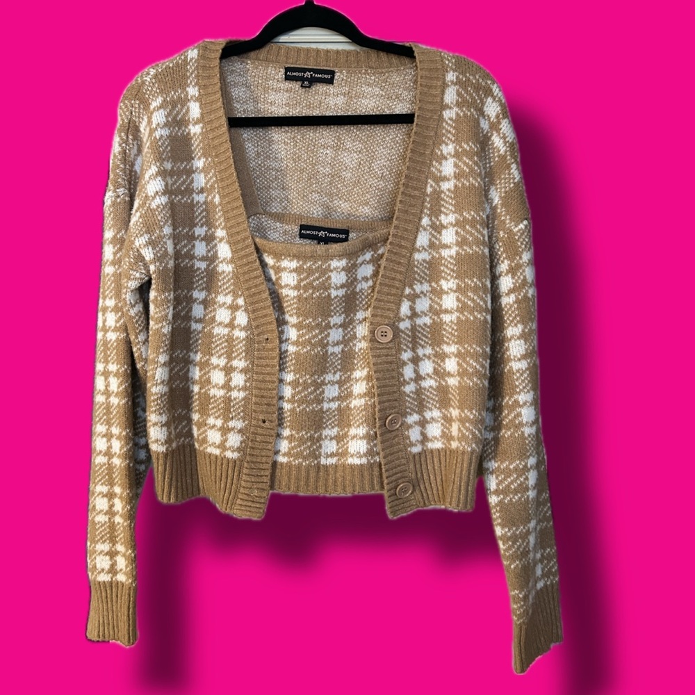 Brown and White Plaid Women's 2 Piece Sweater top and cardigan